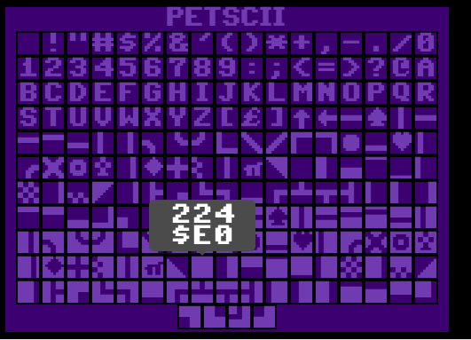 retrogamecoders's tweet image. I updated my #c64 browser based emulator today to add a little PETSCII reference table, mouse over the character to get the decimal and hex code :)