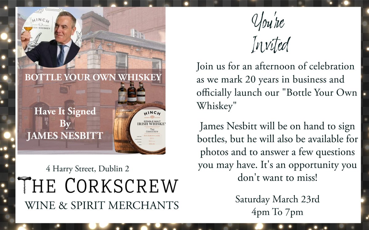 Saturday promises to be an absolutely incredible day! Join us in filling your own bottle of whiskey and have it signed by James Nesbitt!🥃🥃 Happy 20 years and to many more🍾🎉🎊