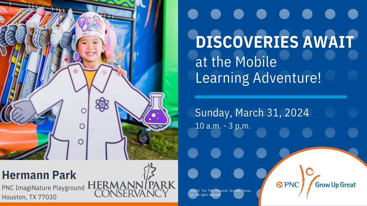 Check out the @PNCBank Mobile Learning Adventure at the ImagiNature Playground on Sunday, March 31! In partnership with the Conservancy, this exhibit provides families an opportunity to learn about the importance of early childhood education while kids engage in fun activities.