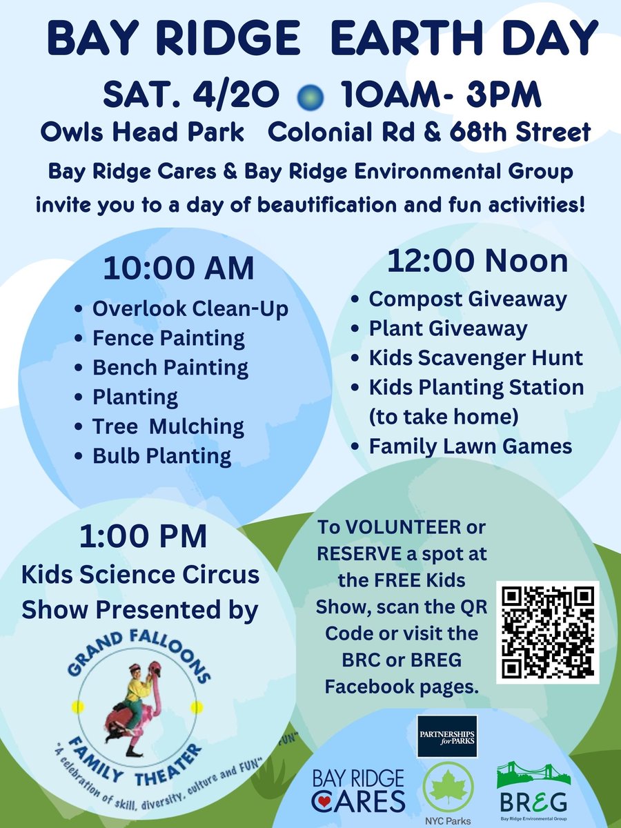 Celebrate Earth Day with us and @BayRidgeCares on April 20th, 10am-3pm. We'll be beautifying and uplifting some of our local greenspaces, repainting fences, tree mulching, planting & much more. We've even got a Kids Science Circus show planned! Hope to see you there!! #BayRidge