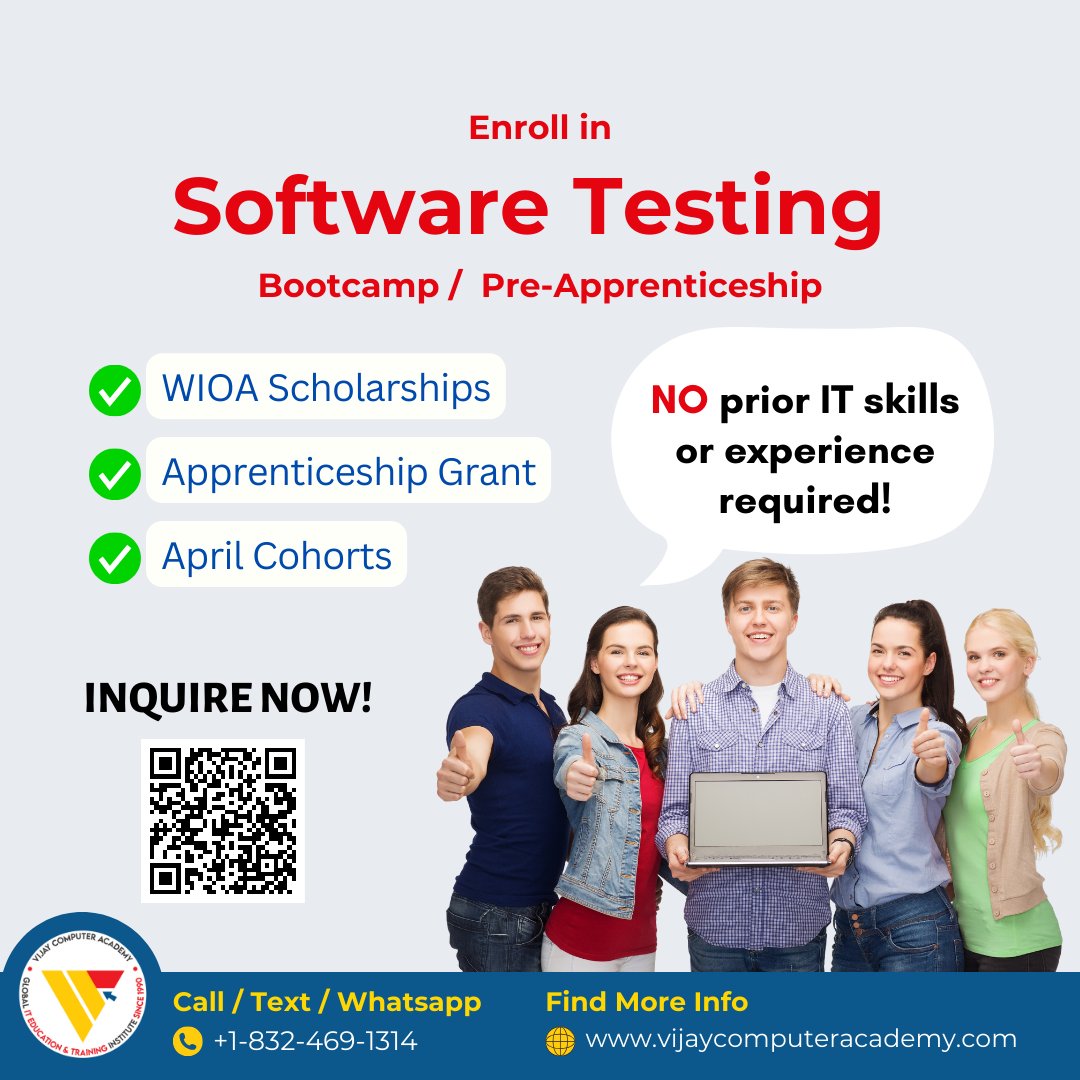 🔧 Enroll in Software Testing Bootcamp / Pre-Apprenticeship April Cohorts vijaycomputeracademy.com/software-testi… ✅ Live Instructor-Led Online Training ✅ Apprenticeship Grant 💰 WIOA Scholarship vijaycomputeracademy.com/inquiry-page/ #softwaretester #qaanalyst #qatester #workforce #wioagrant #veteran