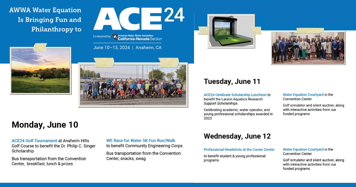 awwa's tweet photo. Get ready for #ACE24 with Water Equation! 🌊 Philanthropy meets fun - races, tournaments & meetups await. Let's make an impact together!
Details here: https://t.co/DyTtwBvxdR.
#awwaWE #WaterEquation https://t.co/FxI5YiVsKk