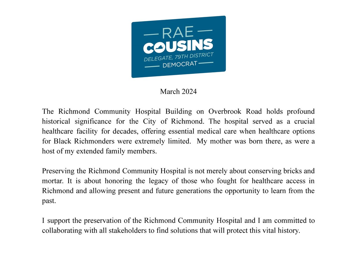 The Richmond Community Hospital Building on Overbrook Rd holds profound historical significance for the City of Richmond. I support the preservation of the Hospital and I am committed to collaborating with all stakeholders to find solutions that will protect this vital history.