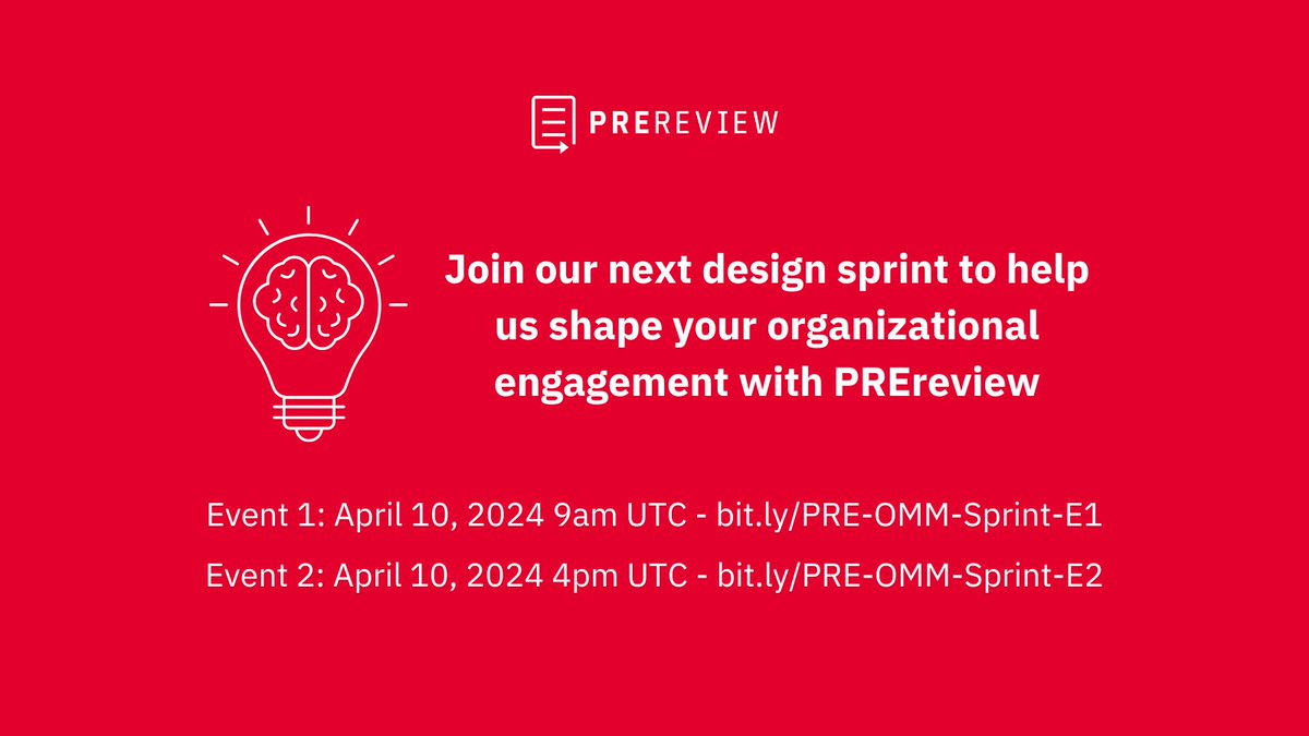 We also have a call for organizations to join our @PREreview_ design sprint and help us shape our new Organizational Membership Model. 
WHEN: April 10 - Event 1 @ 9am UTC / Event 2 @ 4pm UTC

Event 1: bit.ly/PRE-OMM-Sprint…
Event 2: bit.ly/PRE-OMM-Sprint…

#openscience #YOS2024