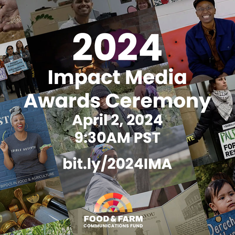 Join us for FFCF's 5th Annual Impact Media Awards (IMA)! IMA will be co-hosted by Stephen Satterfield and Naomi Starkman. There will be a special performance by with a performance by Naima Shalhoub and Excentrik. Register: bit.ly/2024IMA