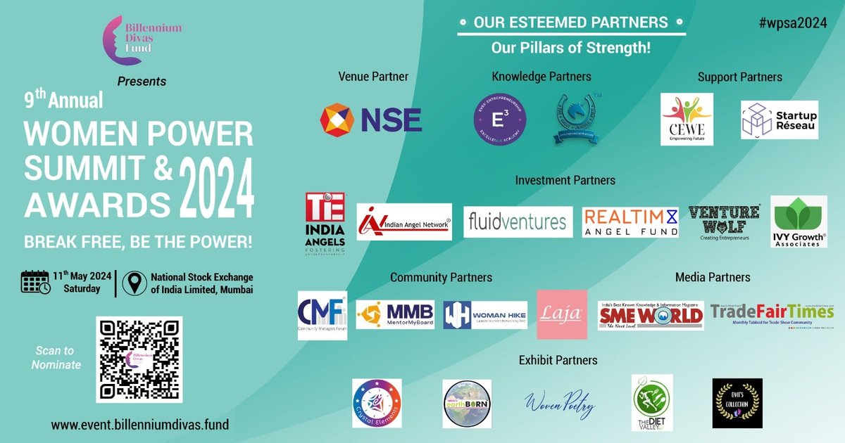 Welcoming our 'Esteemed Partners', our Pillars of Strength! for the '9th Annual Women Power Summit & Awards 2024' organized by Billennium Divas on the 11th May 2024, Saturday at NSE, BKC, Mumbai.

Nomination Link - bit.ly/wpsa2024

#womenpower #billenniumdivas #wpsa2024