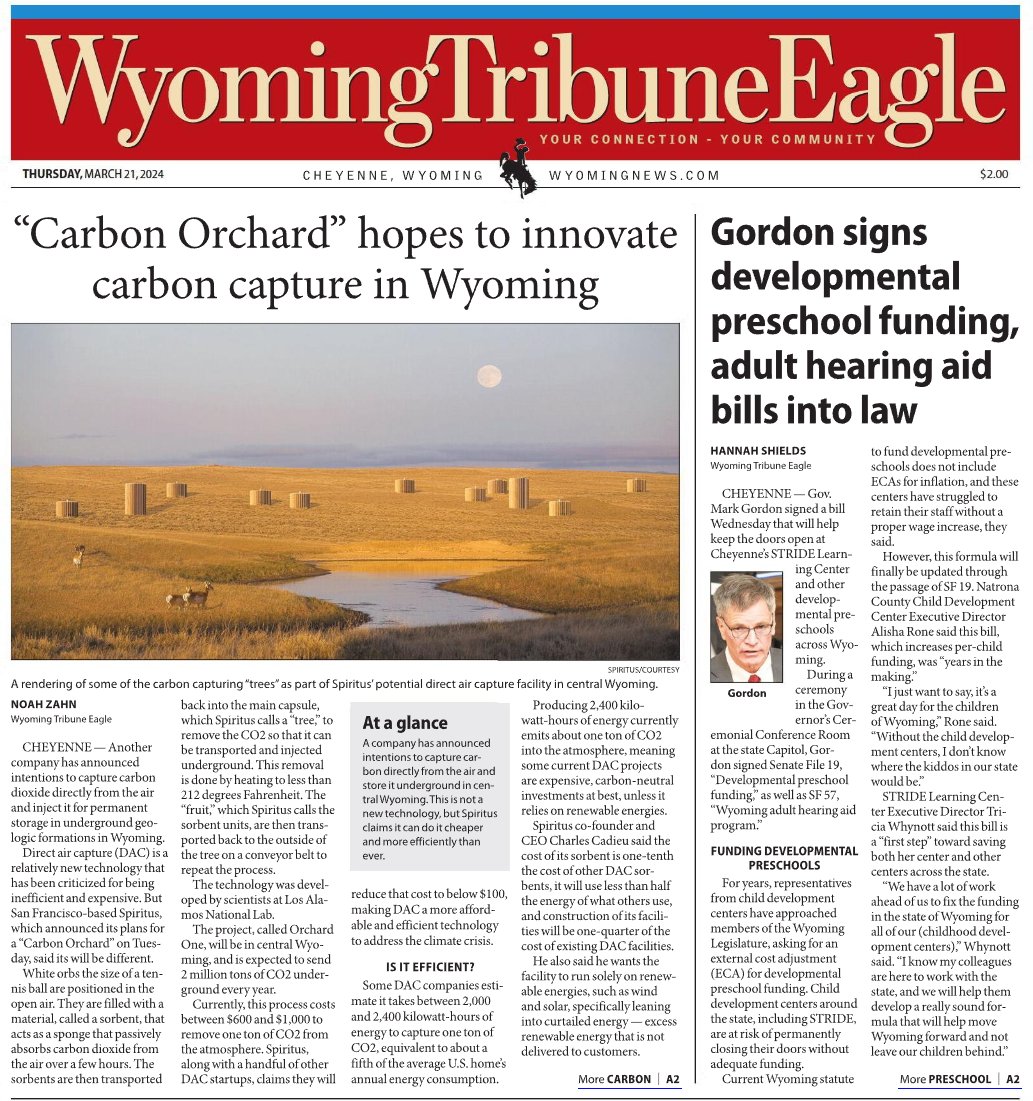 What's the latest on #climatechange in #Wyoming? Read <a href="/NoahZahnn/">Noah Zahn</a>'s cover story in today's <a href="/WTEnews/">Wyoming Tribune Eagle</a> to learn all about <a href="/SpiritusCDR/">Spiritus</a>'s plans to open their first #carbon orchard in the state. wyomingnews.com/news/local_new…