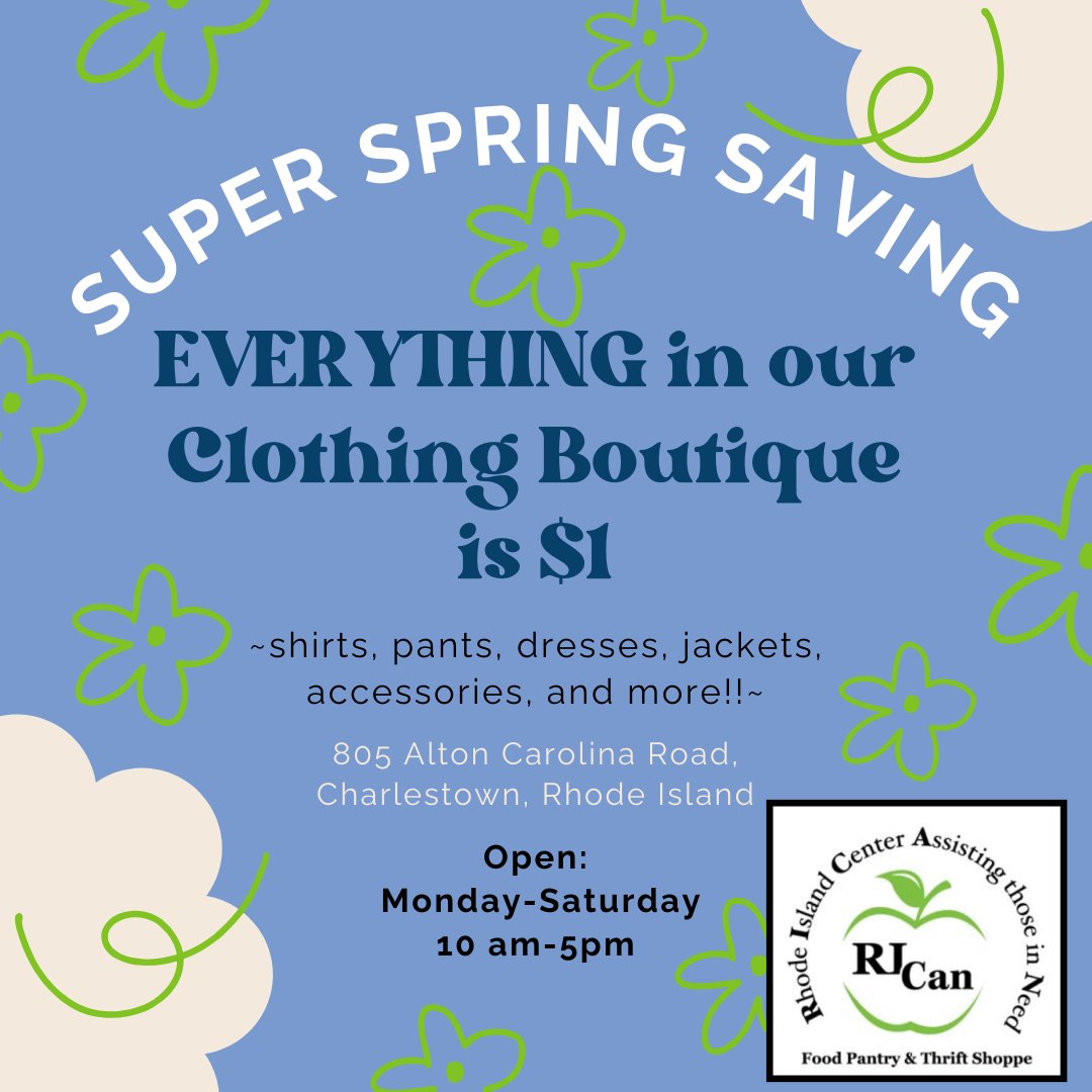 Don't miss out on our Thrift Shop's Clothing Boutique Spring Sale! All items in the boutique are $1 until March 23rd. ~NO EXCLUSIONS!!!~ Find a new-to-you look without breaking the bank! 805 Alton Carolina Rd, Charlestown, RI; Mon-Fri 10 am-5 pm #springfashion #thriftedlooks