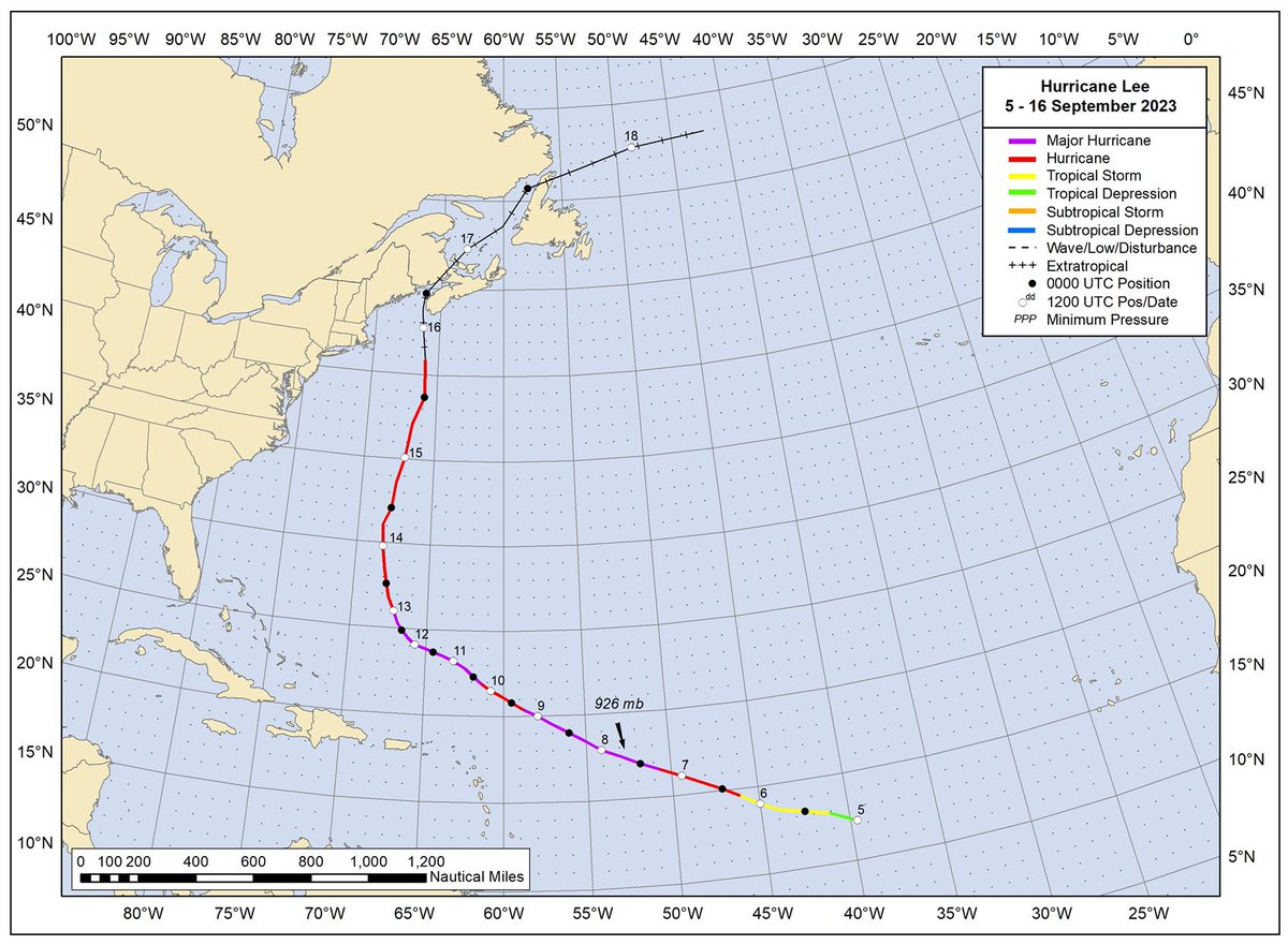 NHC has released the Tropical Cyclone Report for Hurricane #Lee (September 5-16, 2023). Lee rapidly intensified to a category 5 hurricane over the Atlantic but avoided land as a hurricane. It made landfall as a post-tropical cyclone in Nova Scotia. nhc.noaa.gov/data/tcr/AL132…