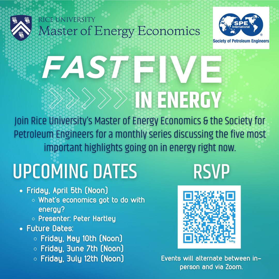 Join @SPEtweets and Rice’s MEECON program for a 'Fast Five” series to learn about the five most important things in energy. On 4/5 at 12pm in KRF 110, Peter Hartley will host “What’s economics got to do with energy?” spegcs.org/events/6857/ #RiceSocSci #ShapingTheFuture @RiceEcon