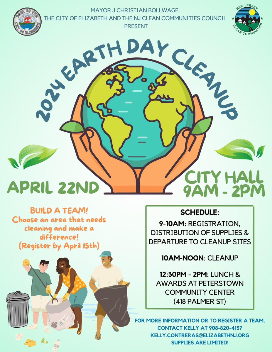 Join us for the Citywide Earth Day Cleanup on April 22nd! Form your team! Contact the number/email on the flyer for more information or to register your group.