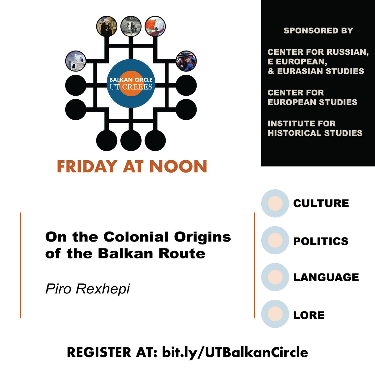 Friday, 3/22, 12 noon (CT), we're glad to welcome research fellow Piro Rexhepi @pirorexhepi this week to #UTBalkanCircle @UTCREEES @SlavXRadio @UTEuroStudies @utaustinihs @LiberalArtsUT @UTAustin for his talk, 'On the Colonial Origins of the Balkan Route.' bit.ly/UTBalkanCircle