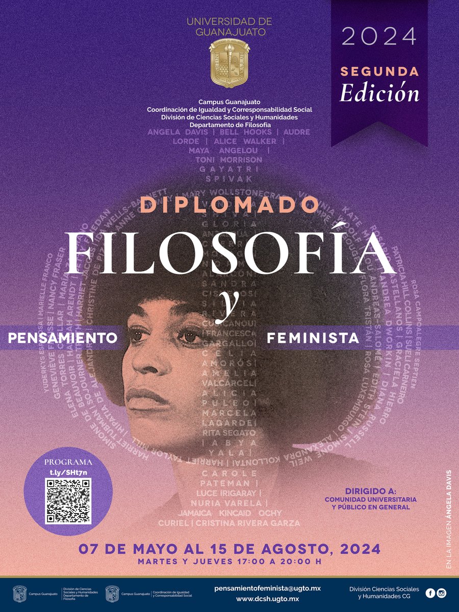 Convocatoria abierta Diplomado en Filosofía y Pensamiento Feminista. Inicio 7 de mayo. Modalidad virtual. Revisa el programa y los detalles aquí: t.ly/SHt7n
Contacto: pensamientofeminista@ugto.mx
Hay descuentos para las inscripciones tempranas y la comunidad UG.