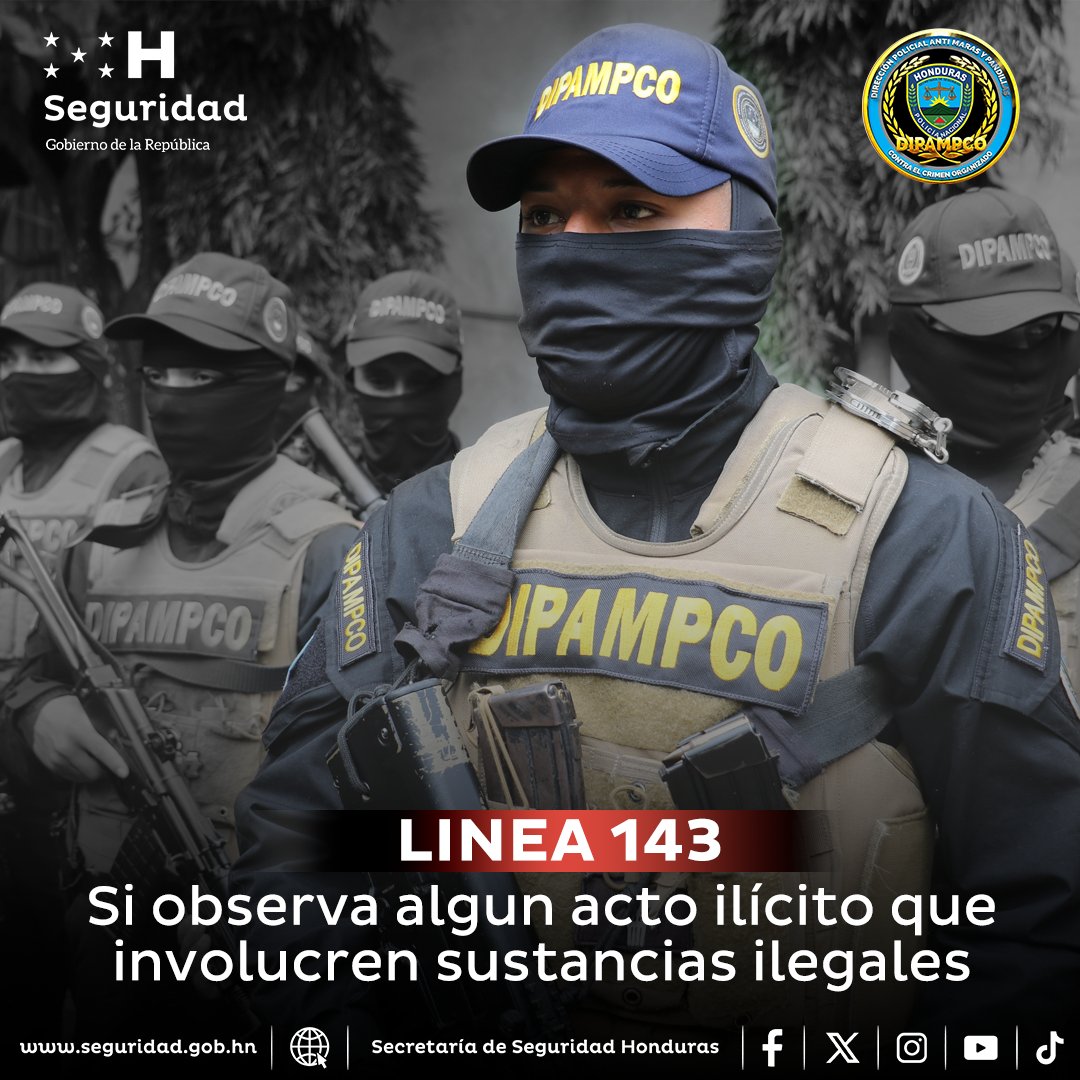 SSEGURIDADHN's tweet photo. 🚨📌Cualquier actividad ilícita asociada a organizaciones crimínales;  denúnciela  a la línea 143, de esa forma nuestros funcionarios fortalecen las operaciones que se desarrollan en todo el país. https://t.co/Jp3i4EhSaM