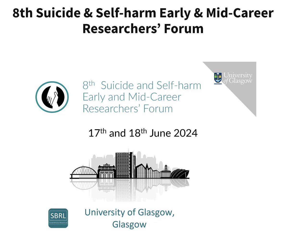 Are you a researcher working in field of suicide and self-harm? Come join us in Glasgow in June. Only event of its kind internationally: friendly & supportive highlighting the latest & best research Closing date for abstracts: 12th April Full details: suicideresearch.info/8th-suicide-se…