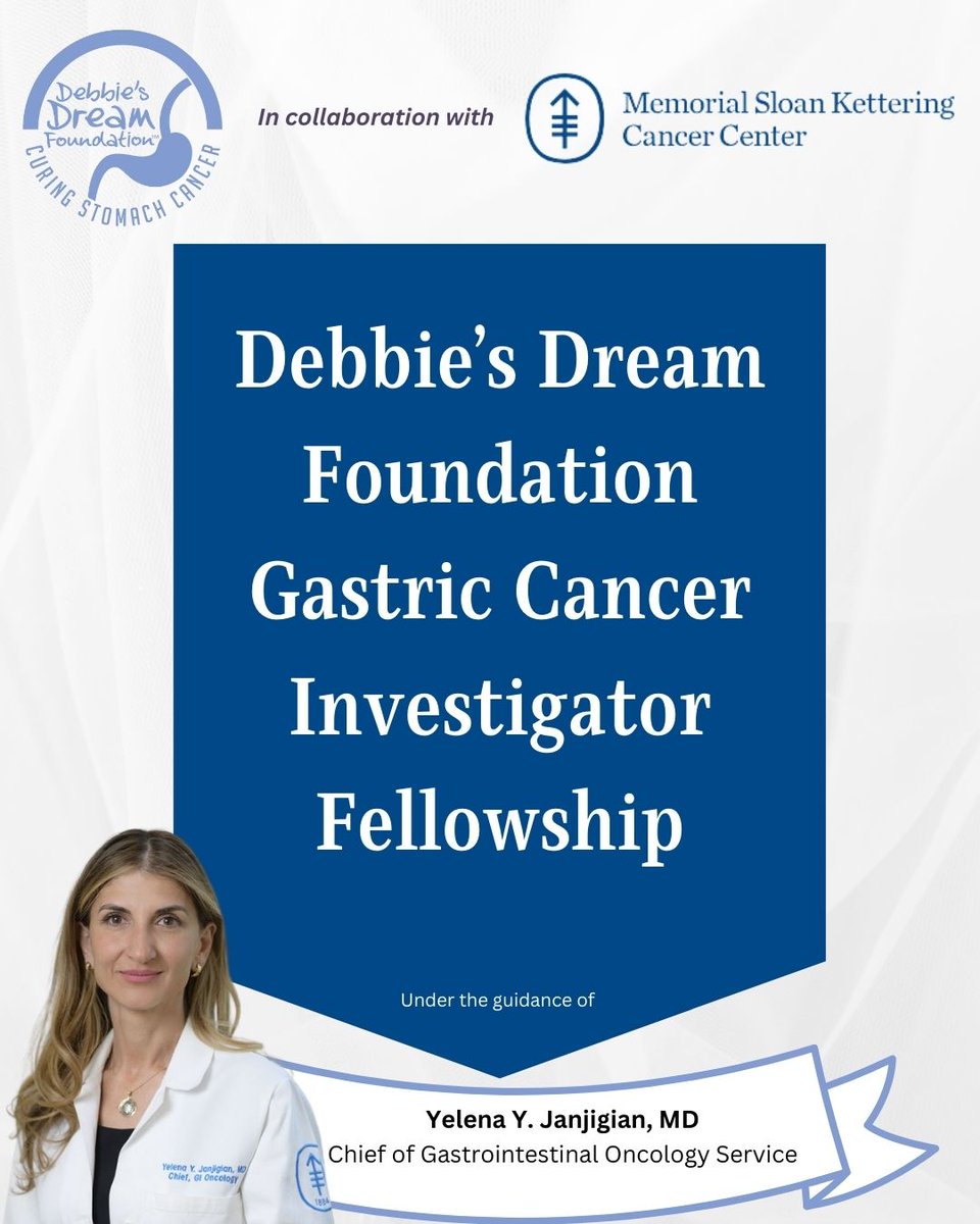 🎉We're thrilled to announce an unprecedented collaboration with @MSKCancerCenter to advance gastric cancer research! Through the '#DebbiesDreamFoundation #GastricCancer Investigator Fellowship led by @YJanjigianMD. Learn more: careers.mskcc.org/vacancies/2024… #stomachcancer