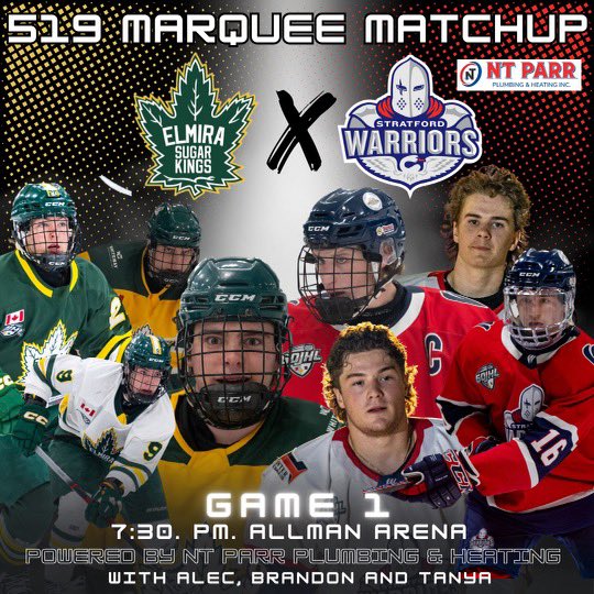 519sportsonline's tweet photo. This week’s #519MarqueeMatchup features two old rivals starting round two of the playoffs! Hope to see everyone at the Allman for Game 1 between the @SugarKings and @StratWarriors on Friday. Puck drop is 7:30pm! #LocalSports #519Playoffs #519Hockey @GOJHL @NTparrplumbing 🍒 https://t.co/mpd4zjoJJ2