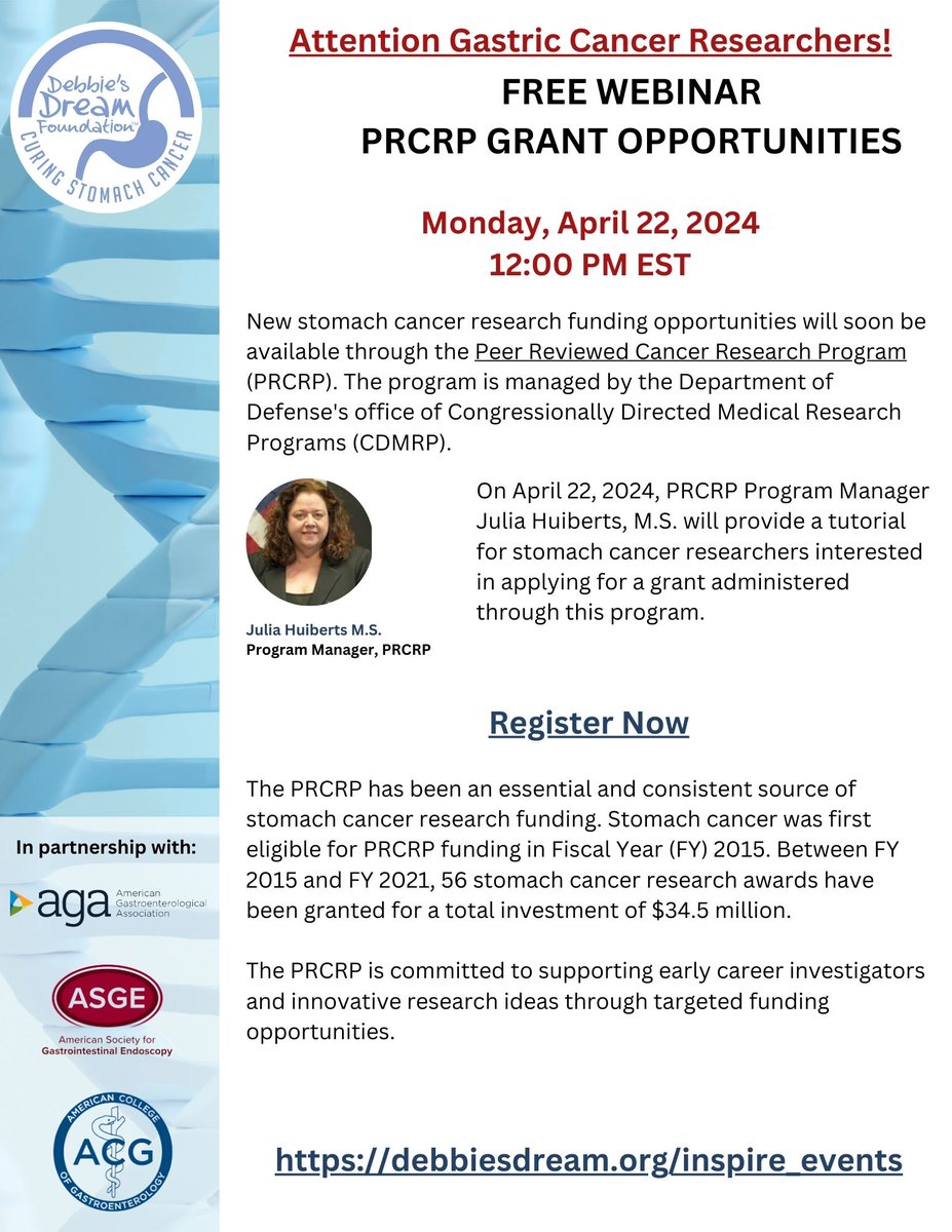 Attention #GastricCancer Researchers! ~ Register now for a Free Webinar - #PRCRP Grant Opportunities on April 22, 2024, hosted by #DebbiesDreamFoundation. Learn more at cdmrp.health.mil/pubs/press/202…. Register for the webinar at register.gotowebinar.com/register/56175…. #stomachcancer #CancerResearch
