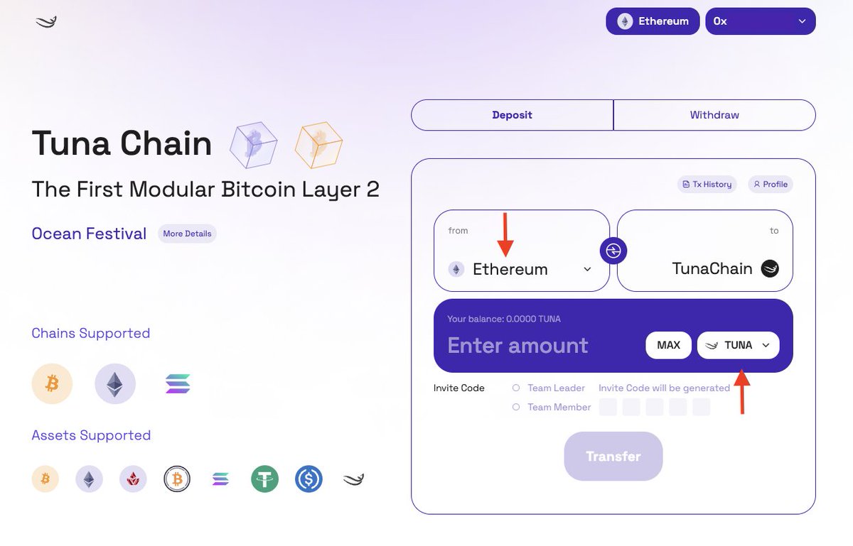 🐟🔗
Follow these 3 simple steps to stake $TUNA :

1⃣ Visit Tuna Ocean👇
ocean.tunachain.io

2⃣ Connect your wallet (<a href="/MetaMask/">MetaMask 🦊</a> and @okxweb3 for EVM).

3⃣ Deposit $TUNA from the Ethereum mainnet.

And you're all set!🎉