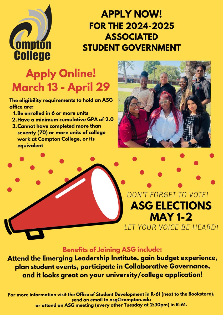 Apply Now for the 2024-2025 Associated Student Government! Visit the ASG webpage for more info: compton.edu/student-life/A…