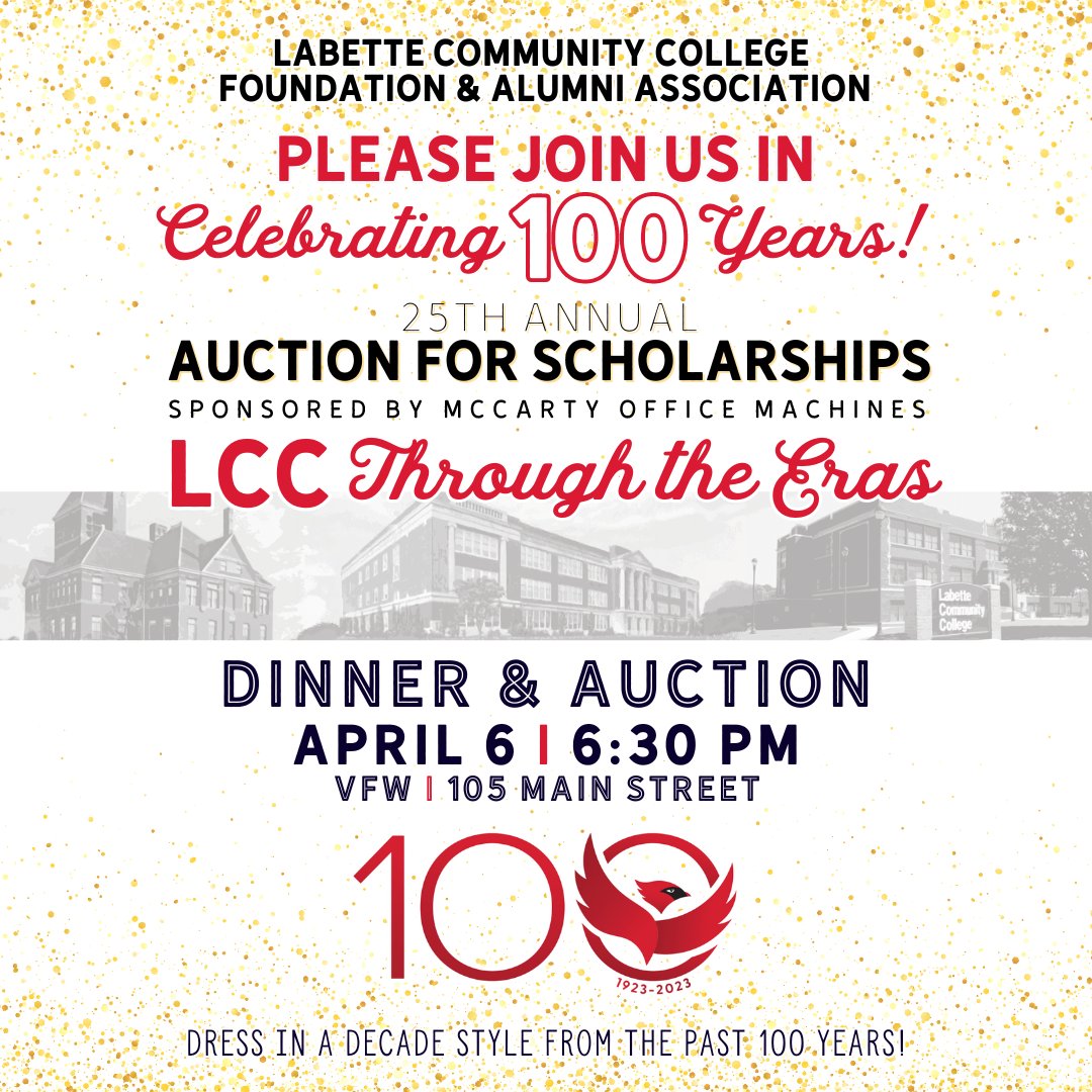 Labette Cardinals (@labettecards) on Twitter photo The 25th Annual Auction for Scholarships is just around the corner!
To purchase tickets or make donations: Call, email, or visit our website!
📞620-820-1281
📧foundation-alumni@labette.edu
labette.edu/foundation/auc… The 25th Annual Auction for Scholarships is just around the corner!
To purchase tickets or make donations: Call, email, or visit our website!
📞620-820-1281
📧foundation-alumni@labette.edu
labette.edu/foundation/auc…
