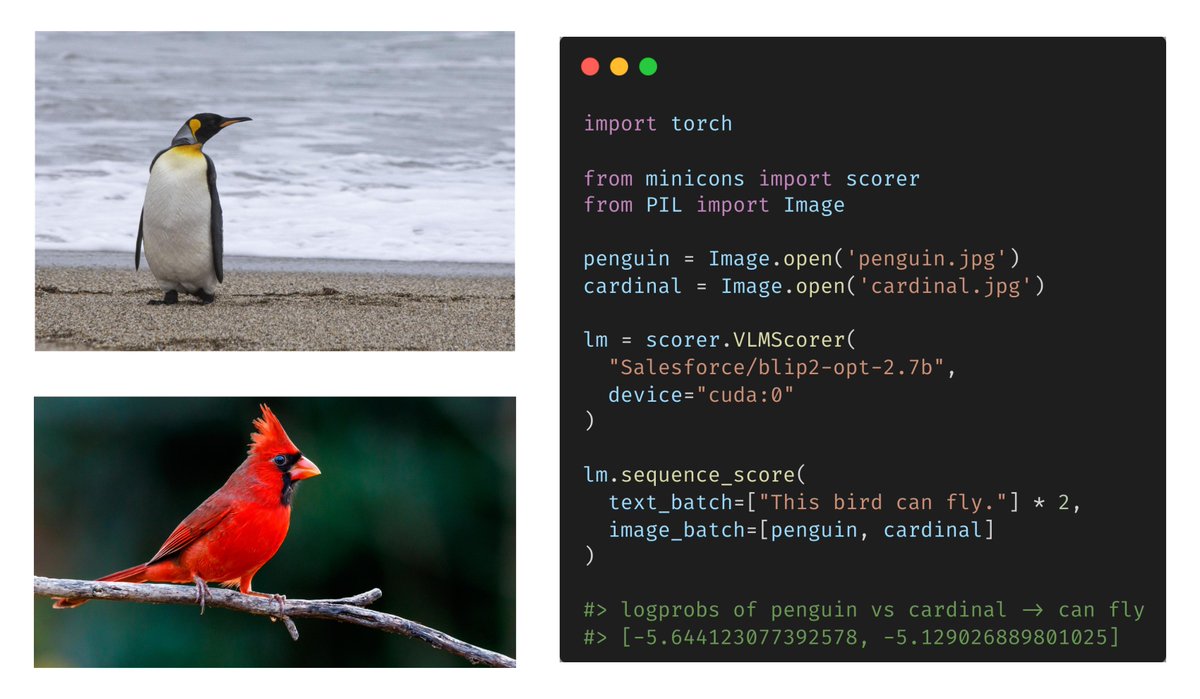 ☀️minicons 🌖 now supports sequence scoring with Vision-Language Models!! Looking forward to see how ppl use it (if at all!) -- feedback always welcome! 🐧🐦