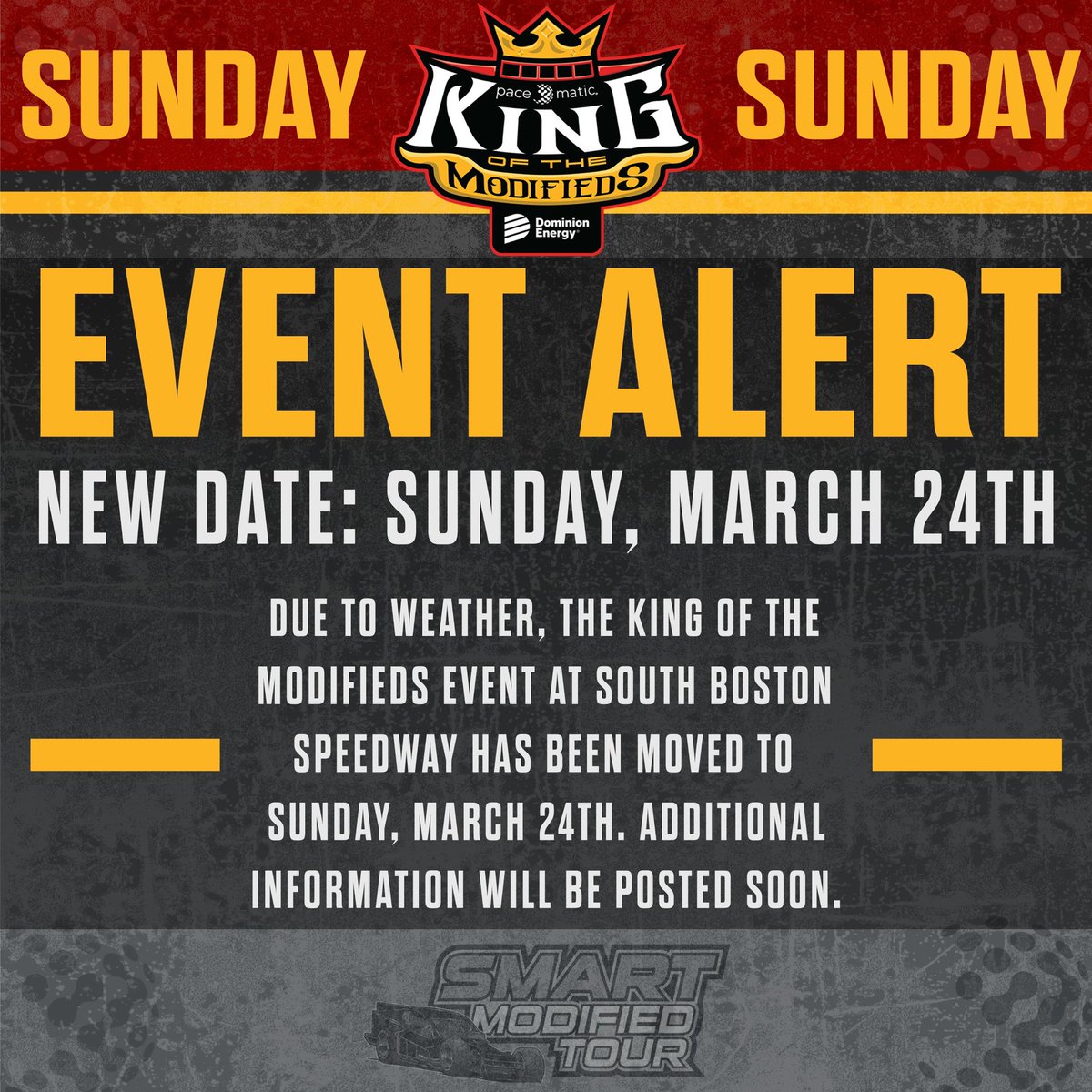 🚨EVENT ALERT🚨 Due to weather, the King of the Modifieds event at @SoBoSpeedway57 has been moved to SUNDAY, March 24th. A full schedule will be posted soon.