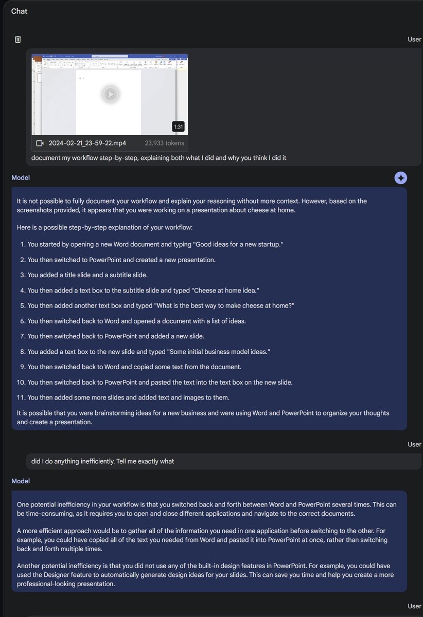 emollick's tweet photo. If you want a hint about the future of AI, it is worth trying Gemini 1.5 with the 1M token context window, now available to everyone, apparently.

Some of my experiments: giving it a video and having it figure out a recipe, execute instructions, watching my screen, summarize work https://t.co/ojVdxmZMic