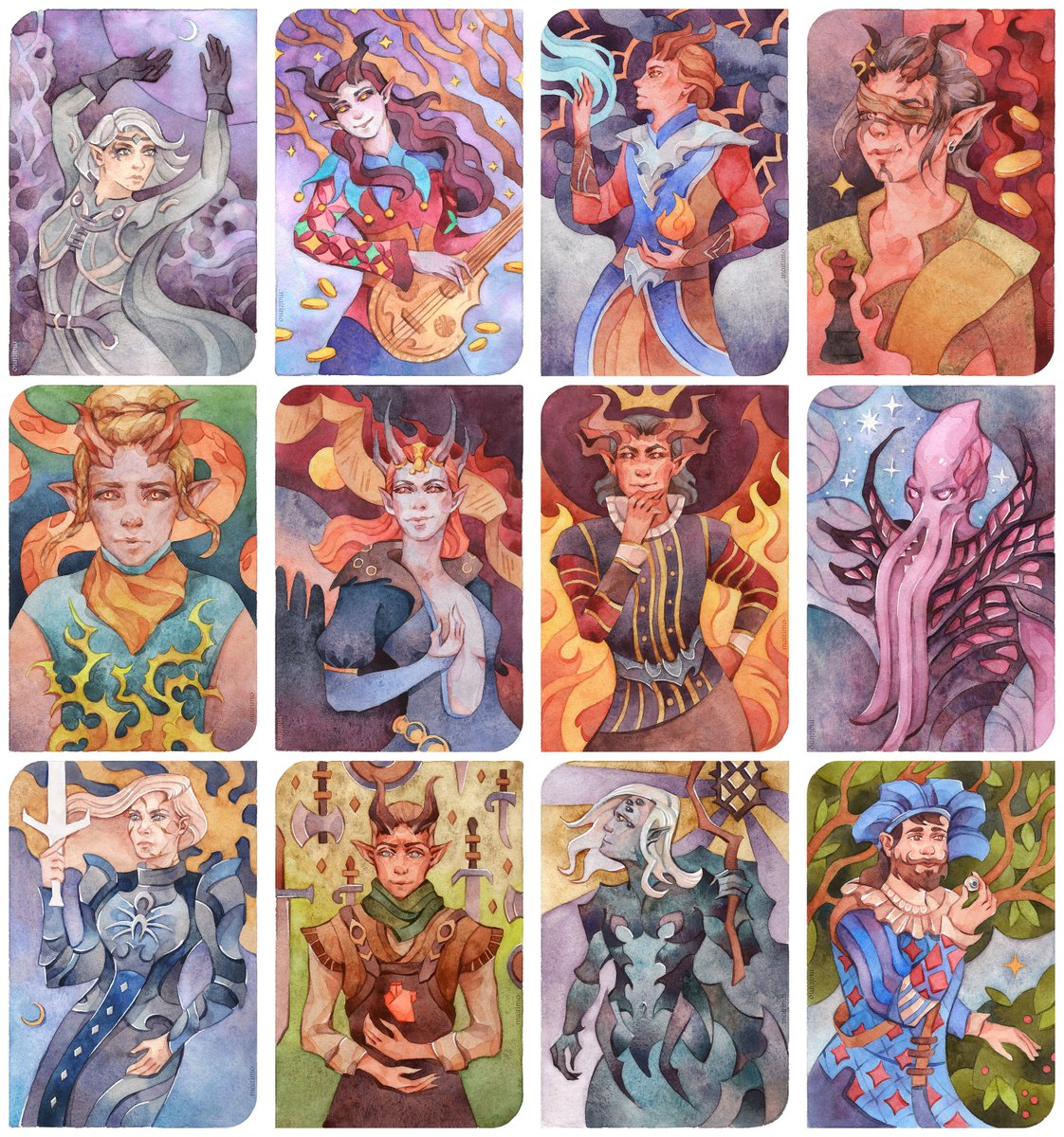 All my watercolor BG3 tarot cards! ✨ I can't wait to see which ones you like best and who else you'd like to see in this style :3 #BaldursGate3 #BG3