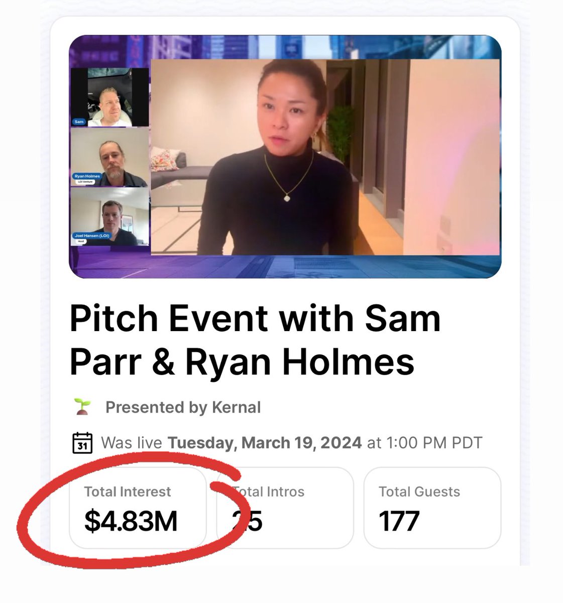 record kernal fundraise interest 🤯 the @thesamparr @invoker star power really is a thing. huge hats off to the 7 founders that pitched them💰 who’s in for our next one with @awilkinson and @MicheleRomanow? Save your spot: kern.al/event/demo-day…