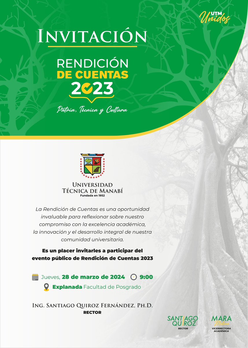 Los invitamos a participar del evento público de Rendición de Cuentas 2023 de la Universidad Técnica de Manabí. #UTMUnidos