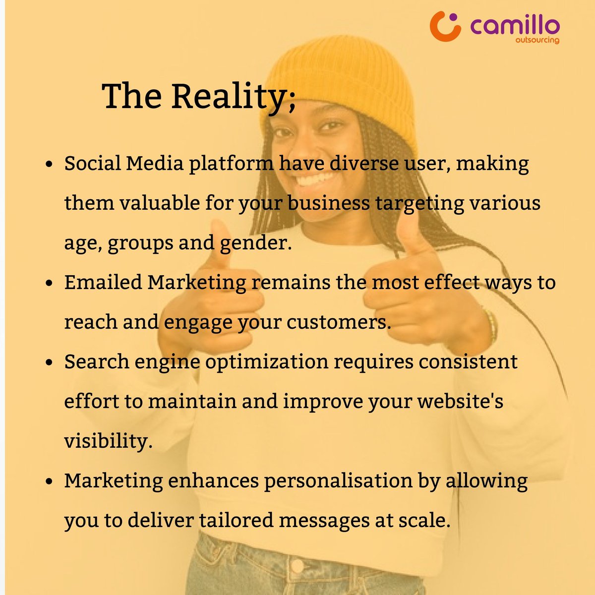 Time to unlearn and relearn
Here is the reality.

Do away from myths and be open to new opportunities.

#camillo #outsourcing #marketingactivities 
#marketingstrategies #reality #businessowners