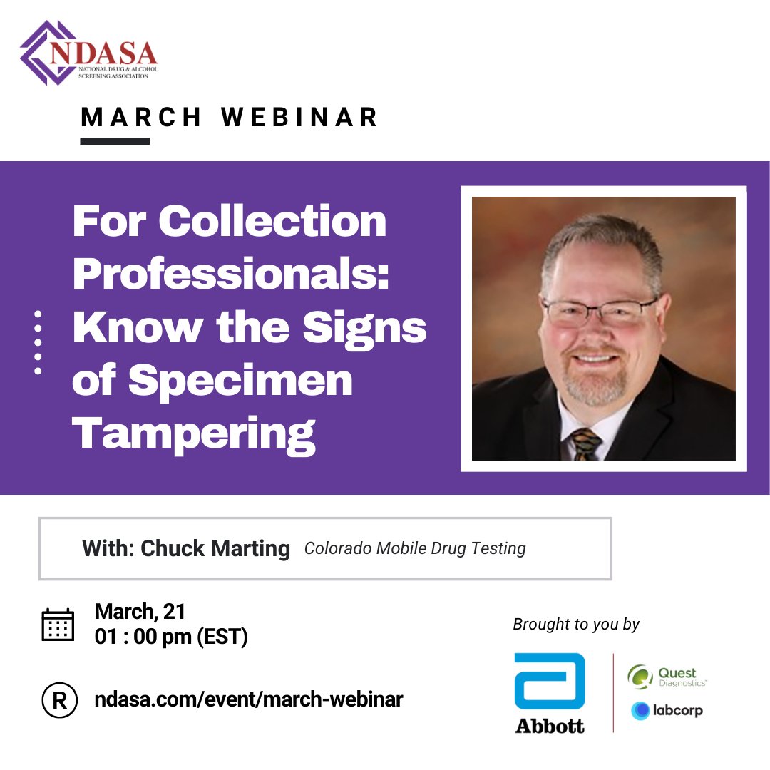 JOIN US THIS AFTERNOON as Chuck Marting, of Colorado Mobile Drug Testing LLC. for this session on preventing tampering and ensuring the integrity of your drug tests. Learn more and register at ndasa.com/event/march-we…