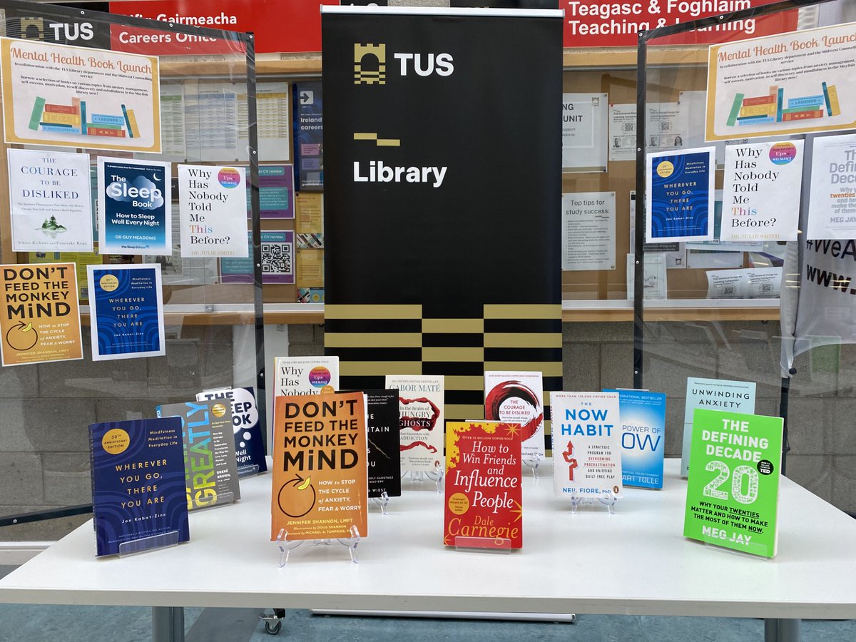 Images of recent launch of a new selection of mental health and wellbeing books from TUS Midwest Student Counselling team members Dr. Sean O'Connell and Kate O'Loughlin, with library staff members Sarah Landy and Noel McNamara. Selection now available from the library 📚🧠