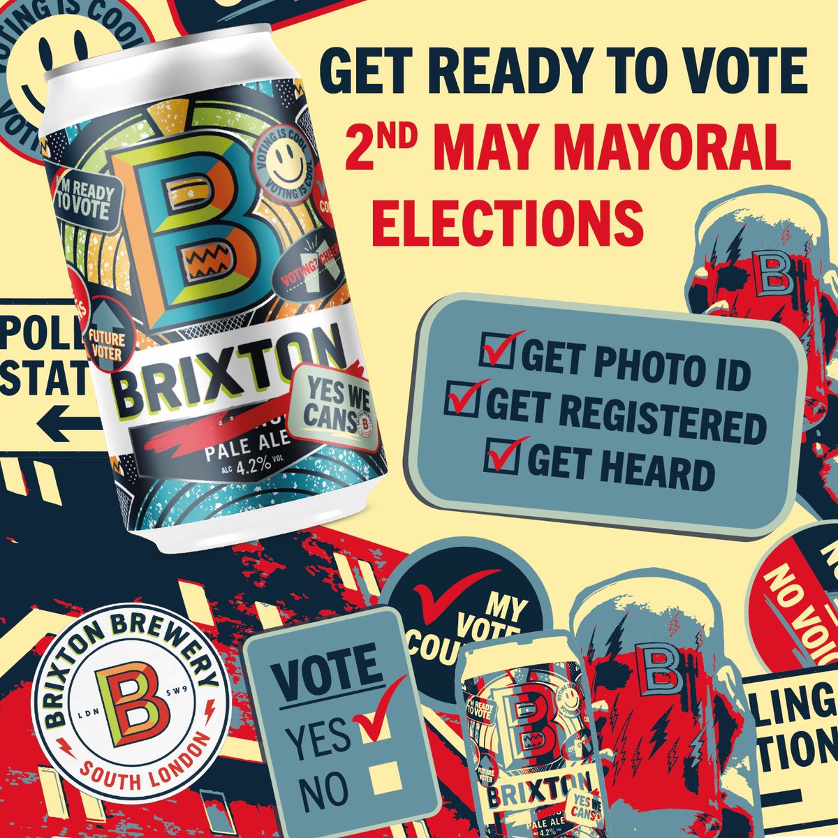 YES WE CANS! 🍺👊🏻 As the May 2nd mayoral elections approach, remember: photo ID is now a must to vote. Join us at select pubs in London, Liverpool, and Manchester for Snappy Hour where you can get your ID sorted for FREE! Find out more: brixtonbrewery.com/pages/vote