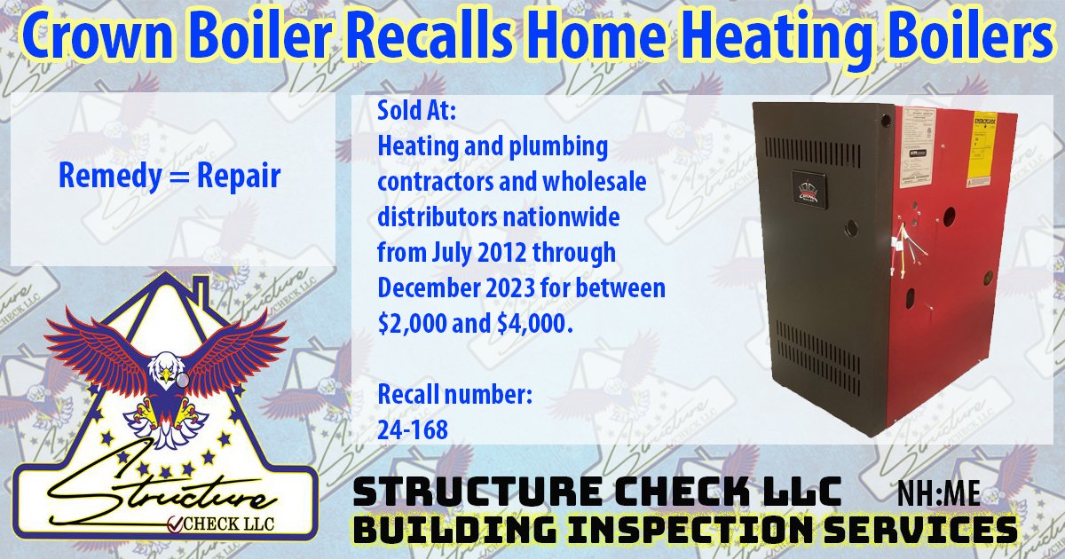CheckStructure's tweet image. #nhrealtors #homeowner #propertymanagement #RiskManagement #besafe #carbonmonoxide (CO)
Crown Boiler Recalls Home Heating Boilers Due to Carbon Monoxide Poisoning Hazard

For all the details visit:
structurechecknh.com/home-inspectio…

@nhrealtors @SBRealtorsNH  @everyone
