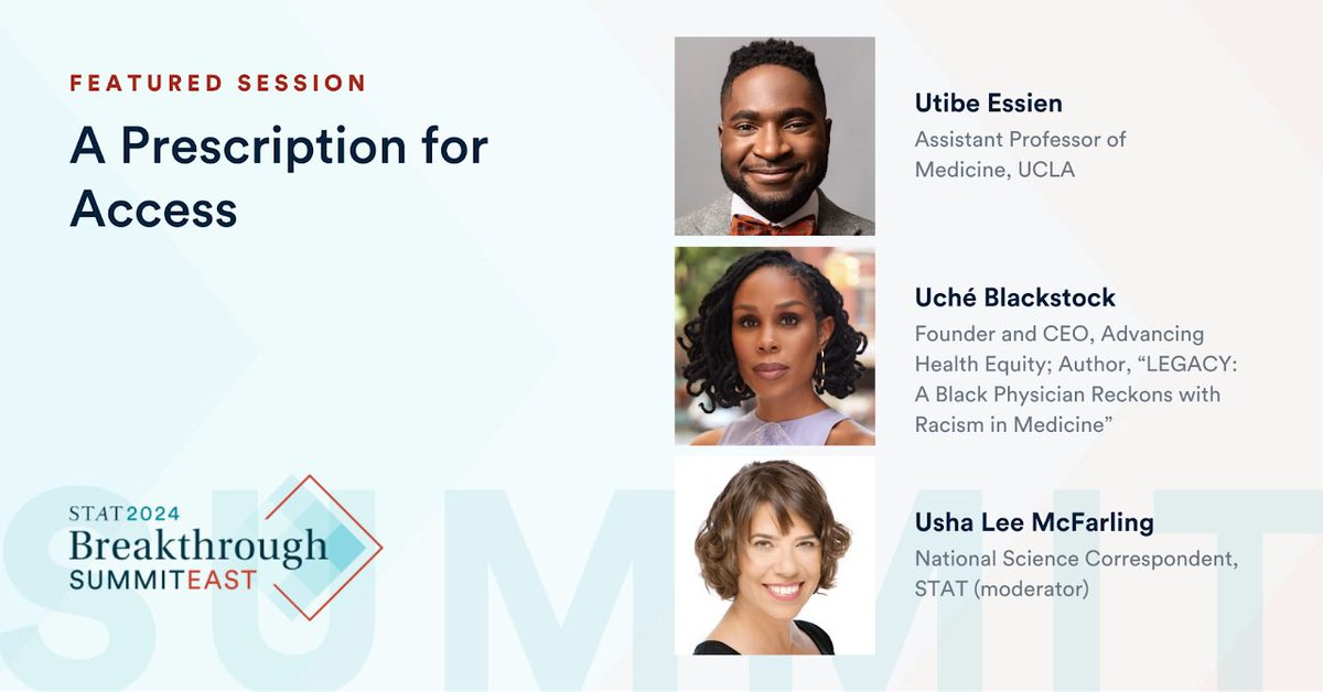 ‼️ Happening in a few hours! Beyond excited to be sharing the stage with (and meeting for the first time) 2 brilliant people in @uche_blackstock & @ushamcfarling… …and to speak on my favorite topic: Pharmacoequity! 💊 Learn more: 👉🏾 statnews.com/2024/summit/20… #STATBreakthrough