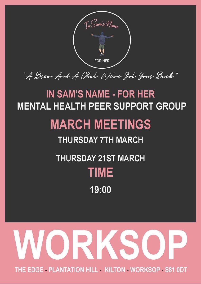 Our final meeting of the month for our Worksop female group takes place tonight. Join us tonight at In Sam's Name for Her for a supportive and welcoming environment to chat. Come and join us! #mentalhealth #alreytbod #worksop #worksoptownfc #bassetlaw