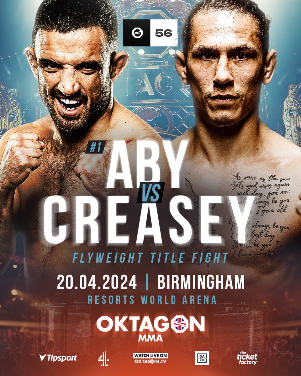 🚨 FIGHT ANNOUNCEMENT 🚨 Aaron Aby (16-8-1) 🏴󠁧󠁢󠁷󠁬󠁳󠁿 has another chance to win gold when he faces former Cage Warriors champion, Sam Creasey (18-5) 🏴󠁧󠁢󠁥󠁮󠁧󠁿 for the vacant flyweight title at OKTAGON 56. Who leaves Birmingham with the belt on April 20? Tickets👇🏼 🎫 oktagonmma.com/en/events/okta…