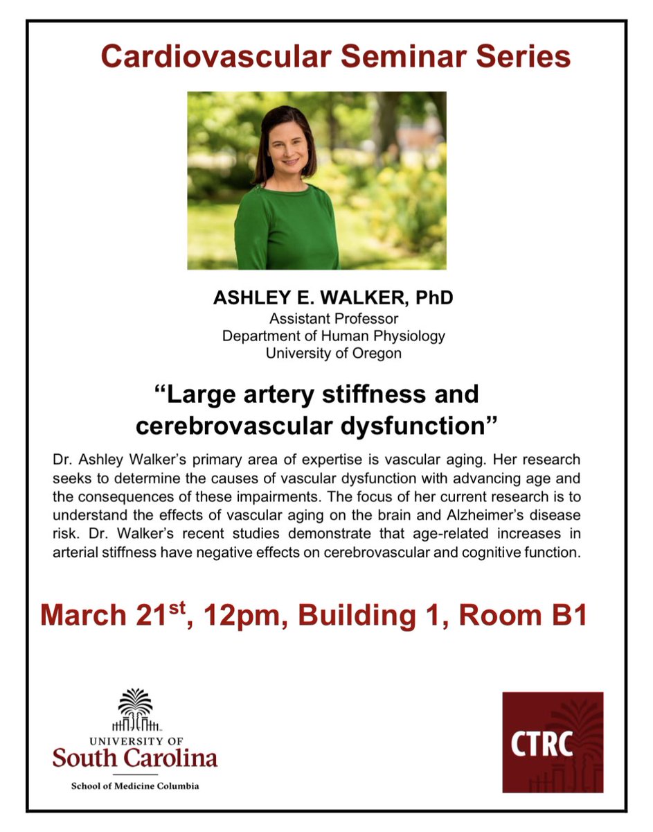 @UofSCSOMC stay tuned 🔊Delighted to have Dr. @Ashley_E_Walker as a speaker for our Cardiovascular Seminar Series!
@CFWenceslau @CamGMcCarthy @RClintonWebb1 @FerPriviero @Gisele_F_Bomfim @EvansLaboratory @tiagojcosta_ @Milenefontes3 @LaenaPernomian @WaigiEmily @rinaldo_passos