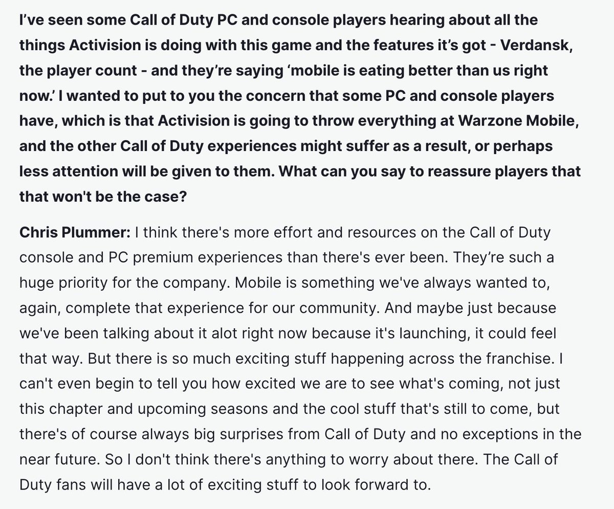 charlieINTEL's tweet photo. Activision says that Mobile will not take over the focus from console/PC of Call of Duty, and both will be supported continuously. 

“There’s more effort and resources on the Call of Duty console and PC premium experiences than there’s ever been.” 

(Via IGN) https://t.co/5ZzYaHHoLv