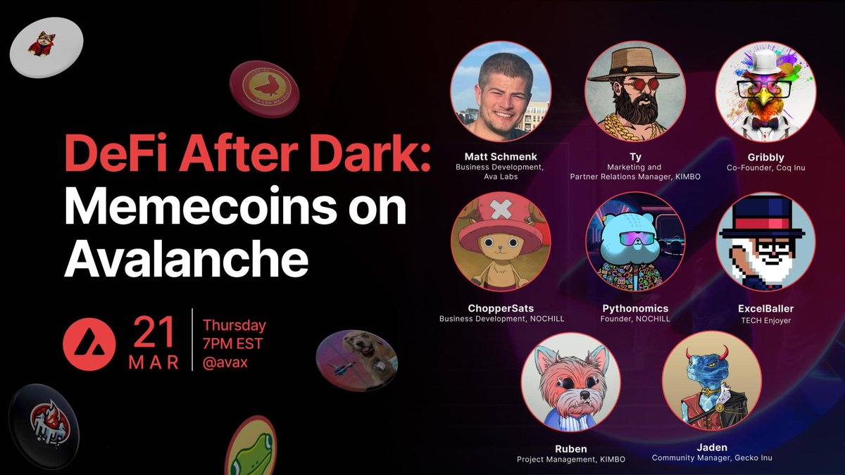 Join the discussion 🗣️ Tune in today at 7pm ET for a special Spaces session with reps from @CoqInuAvax, @nochillavax, @TECHimproving, @GeckoInuAvax, and @KimboAvax as they go deep on the Avalanche memecoin ecosystem. See you soon ➡️ twitter.com/i/spaces/1BRJj…