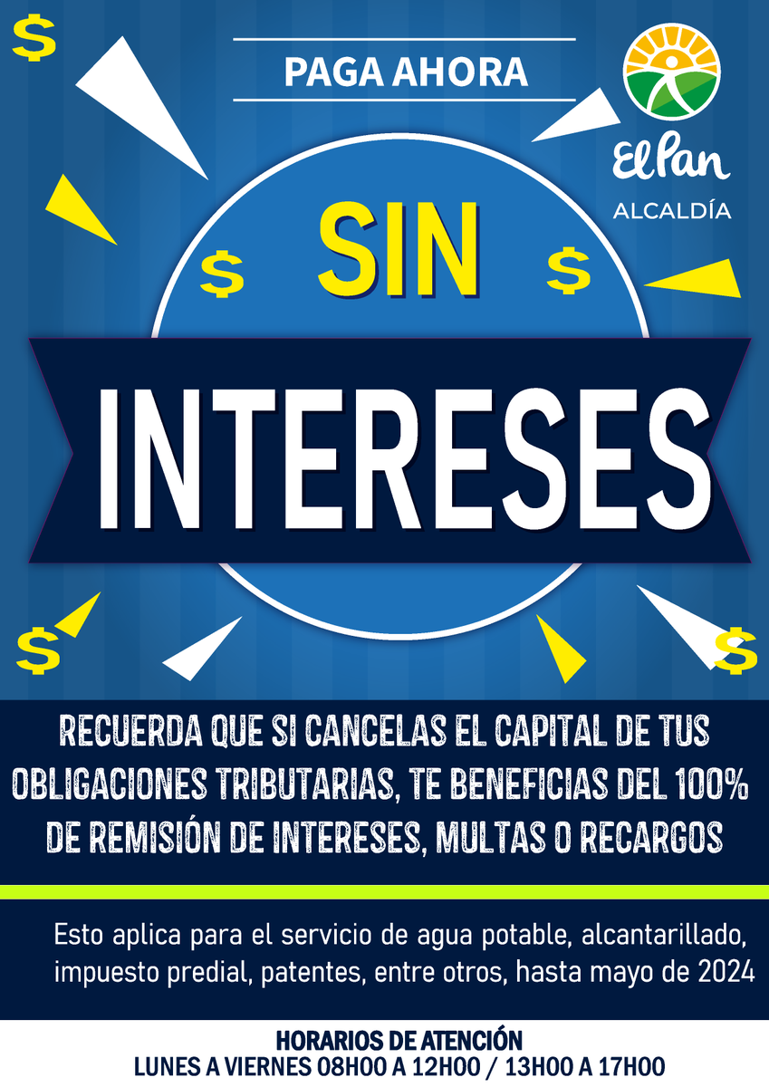 𝐑𝐞𝐦𝐢𝐬𝐢ó𝐧 𝐝𝐞 𝐢𝐧𝐭𝐞𝐫𝐞𝐬𝐞𝐬
Accede a los beneficios que te ofrece la nueva ordenanza de REMISIÓN DE INTERESES, MULTAS Y RECARGOS DE OBLIGACIONES TRIBUTARIAS, INCLUSIVE EL IMPUESTO AL RODAJE.
Si pagas el 100% de tu capital ya no pagas los intereses.