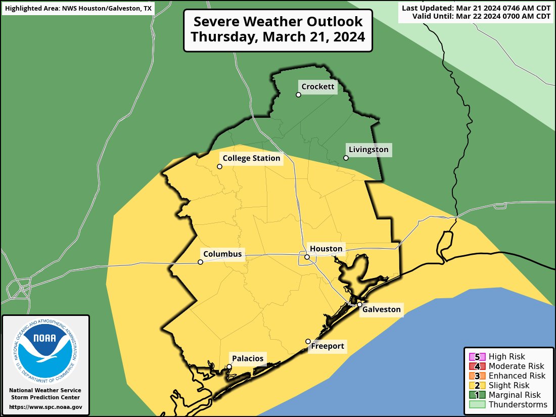 Good morning, SE TX! We still remain in a SLIGHT risk for severe weather. Main hazards will be large hail and damaging winds. An isolated tornado will also be possible. A Severe Thunderstorm Watch is in effect for portions of SE Texas through 1 PM this afternoon.