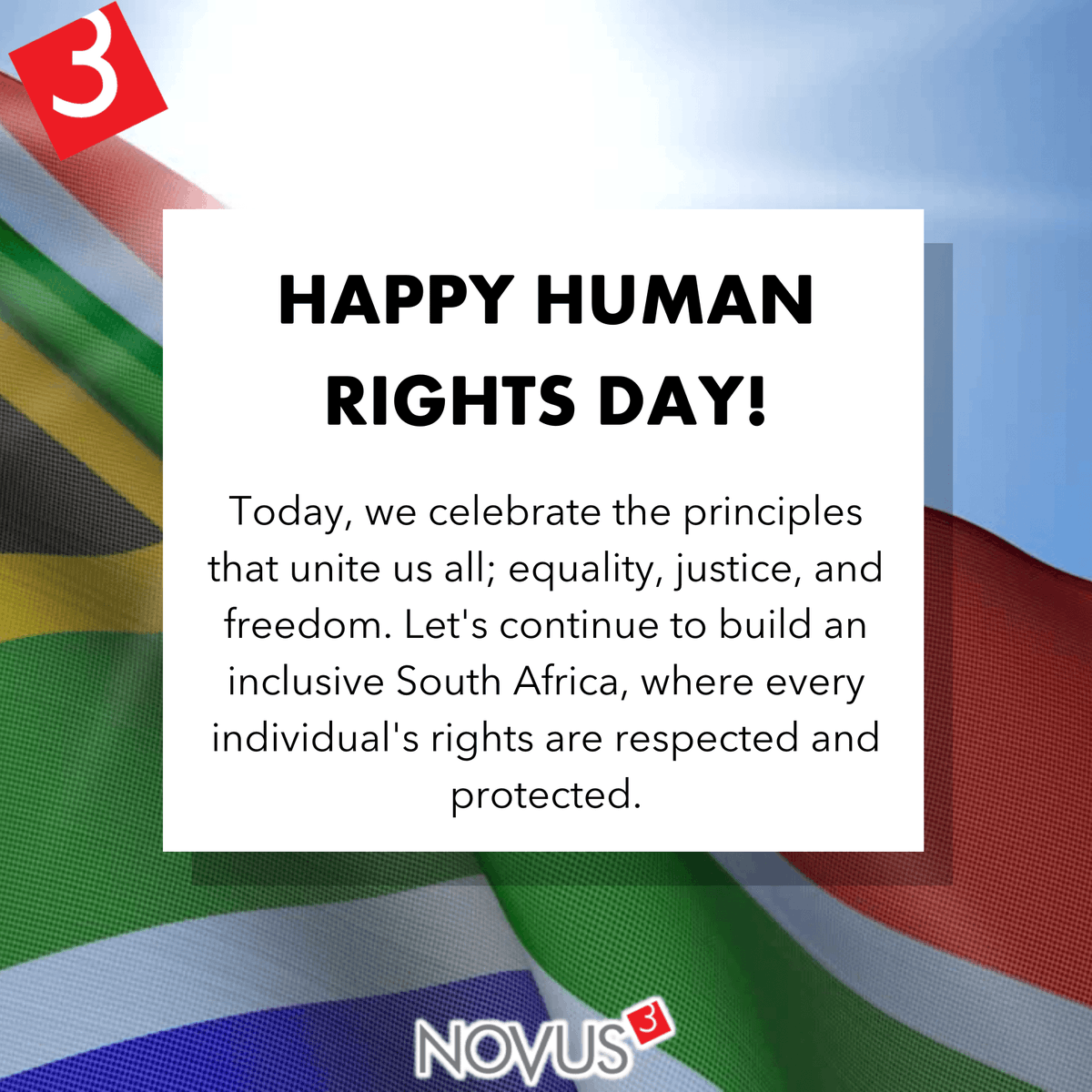 Happy Human Rights Day!
Today, we celebrate the principles that unite us all; equality, justice, and freedom. Let’s continue to build an inclusive South Africa, where every individual’s rights are respected and protected. #Novus3 #HumanRightsDay #EqualityForAll #MakingADiffere...