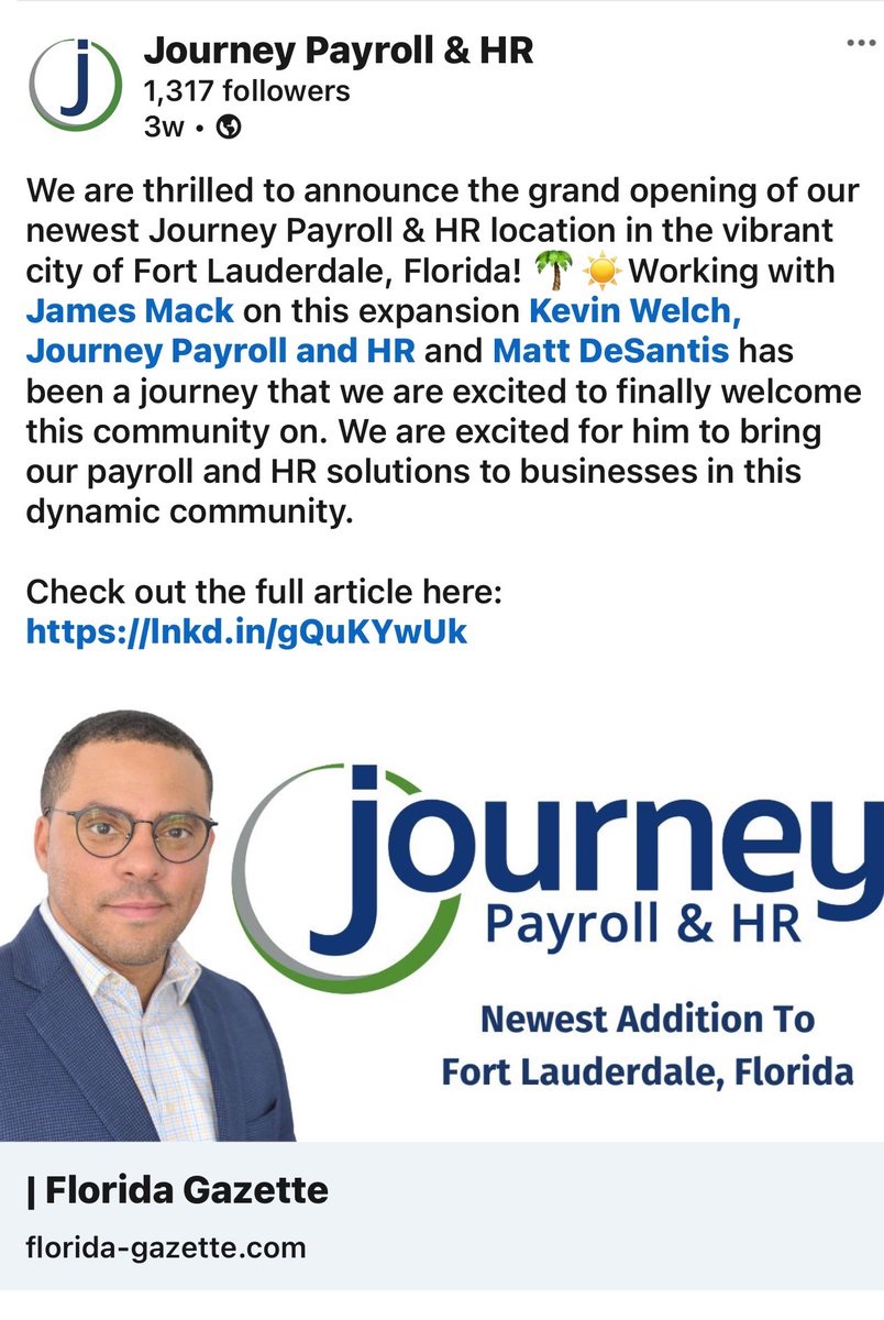 CEOJourneyPayHR's tweet image. I am very excited to announce @JourneyPayroll expansion into #Virginia!  This follows up from our #Florida expansion just a few weeks ago.  I couldn’t be more excited to have James and Aaron, two amazing leaders, to lead and own Journey’s Fort Lauderdale and Virginia location!…