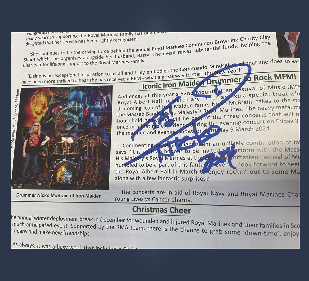 Following the highly successful MFM24 Concerts earlier this month, we have received an autographed copy from Nicko McBrain on a small item we ran recently in the G&L. Thank you @nickosdrumone and our friends @RMBandService