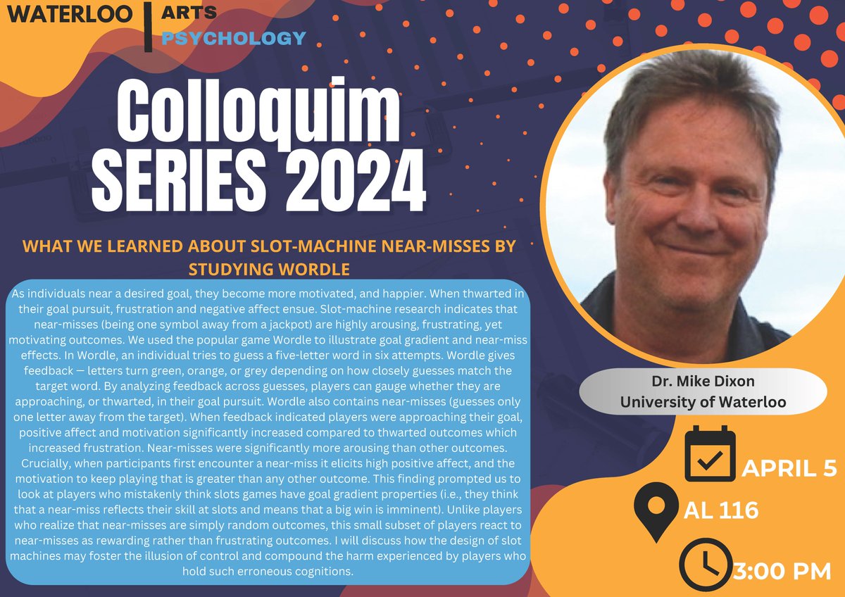 We are delighted to announce that we will be hearing from our very own Mike Dixon at the next departmental colloquium! Please join us for an exciting talk on Wordle, gambling, and the connections between them! 🗓️April 5, 2024 ⏳3-4:30pm 📍AL 116