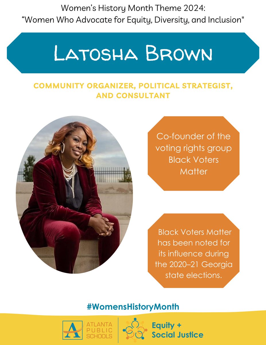 🗳️☑️We proudly celebrate @MsLaToshaBrown, who has dedicated her career to social justice and creating better opportunities for African Americans. She co-founded the voting group @BlackVotersMtr to advocate, organize & raise AA voices for visibility & change. #WomensHistoryMonth