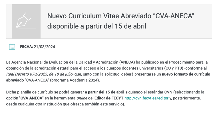 amdelvaz's tweet image. El CVA-ANECA #CVN, el que se pide para la #acreditación con el nuevo procedimiento, estará disponible a partir del 15 de abril, informa
@FECYT_Ciencia
@ANECAinfo cvn.fecyt.es/presentacion/n…
